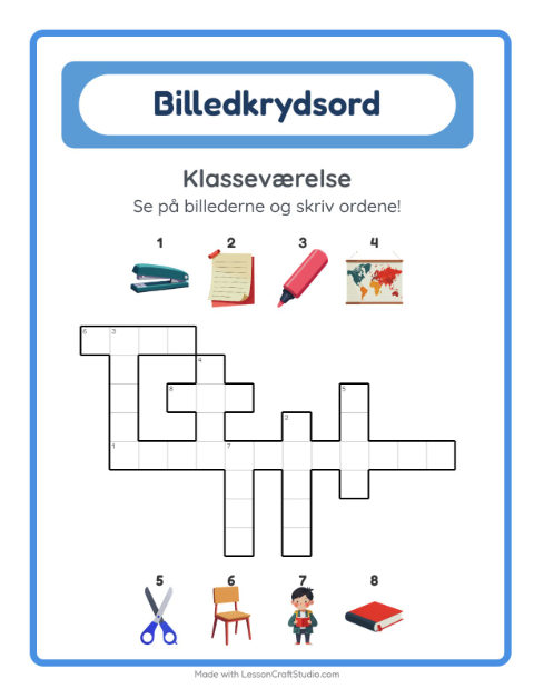 Forhåndsvisning af Krydsord-arbejdsark med Klasseværelse til 2. klasse