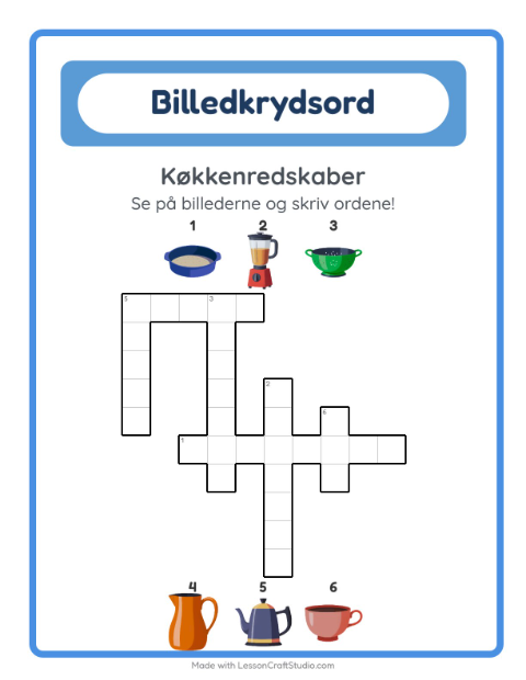 Forhåndsvisning af Krydsord-arbejdsark med Køkkenredskaber til 2. klasse