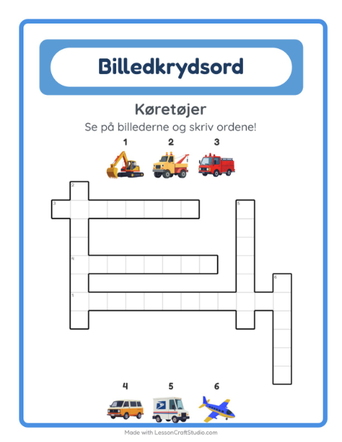 Forhåndsvisning af Krydsord-arbejdsark med Køretøjer til 2. klasse