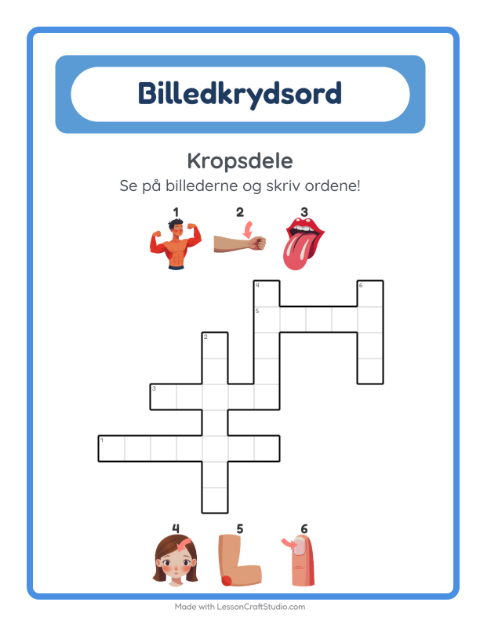 Forhåndsvisning af Krydsord-arbejdsark med Kropsdele til 2. klasse