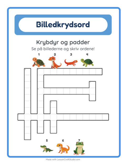 Forhåndsvisning af Krydsord-arbejdsark med Krybdyr og padder til 2. klasse