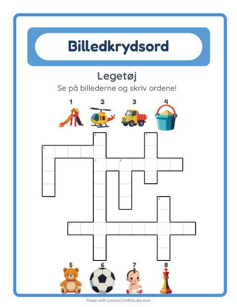 Forhåndsvisning af Krydsord-arbejdsark med Legetøj til 2. klasse