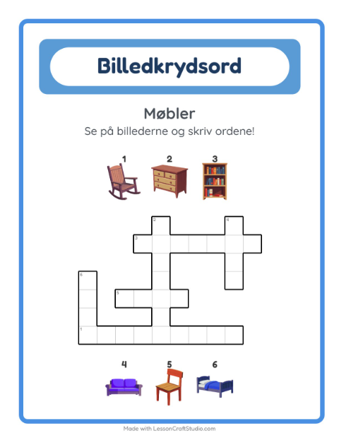 Forhåndsvisning af Krydsord-arbejdsark med Møbler til 2. klasse