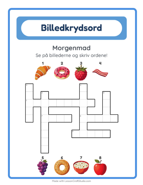 Forhåndsvisning af Krydsord-arbejdsark med Morgenmad til 2. klasse