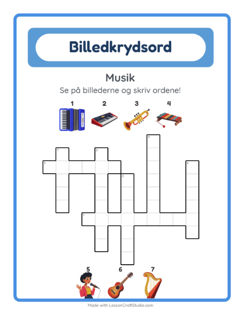 Forhåndsvisning af Krydsord-arbejdsark med Musik til 2. klasse