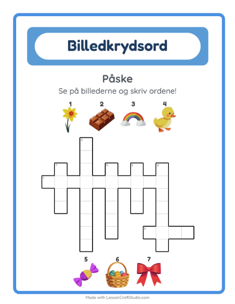 Forhåndsvisning af Krydsord-arbejdsark med Påske til 2. klasse