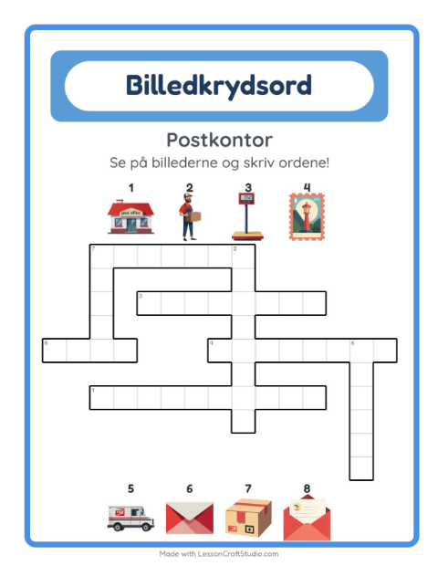 Forhåndsvisning af Krydsord-arbejdsark med Postkontor til 2. klasse