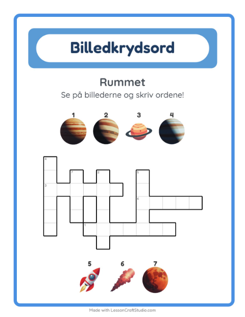 Forhåndsvisning af Krydsord-arbejdsark med Rummet til 2. klasse
