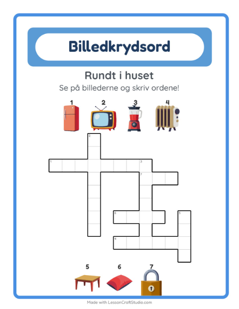 Forhåndsvisning af Krydsord-arbejdsark med Rundt i huset til 2. klasse