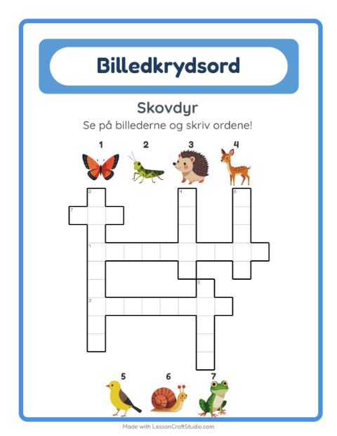 Forhåndsvisning af Krydsord-arbejdsark med Skovdyr til 2. klasse