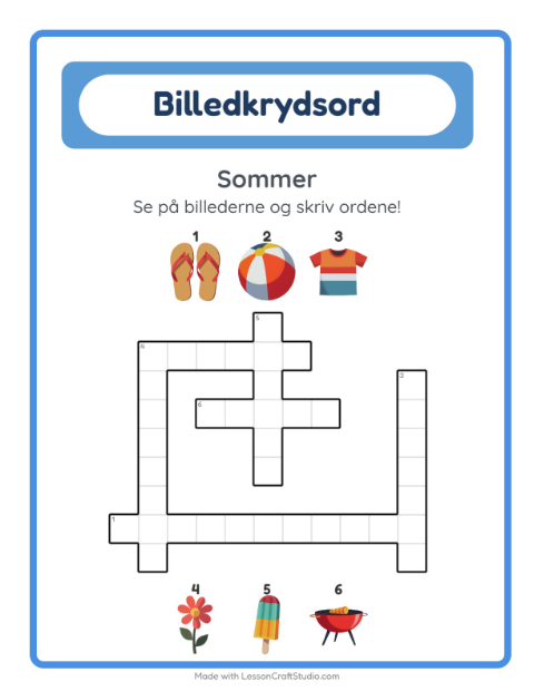 Forhåndsvisning af Krydsord-arbejdsark med Sommer til 2. klasse