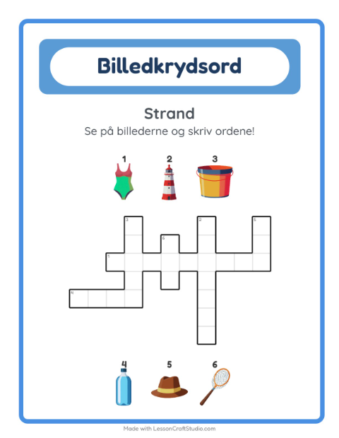 Forhåndsvisning af Krydsord-arbejdsark med Strand til 2. klasse