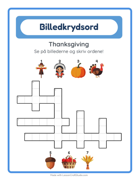 Forhåndsvisning af Krydsord-arbejdsark med Thanksgiving til 2. klasse