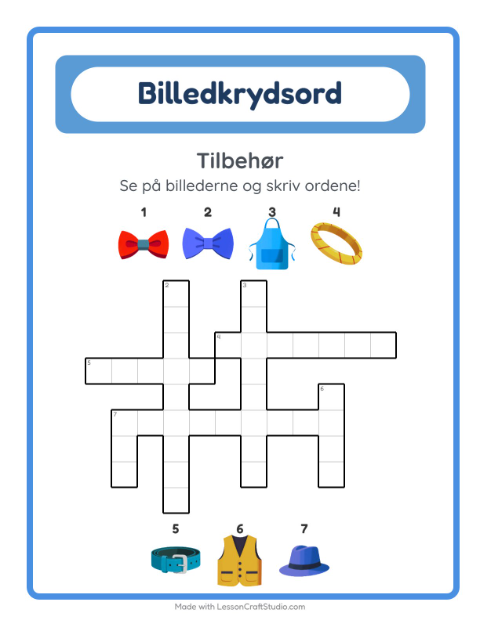 Forhåndsvisning af Krydsord-arbejdsark med Tilbehør til 2. klasse