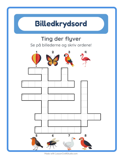 Forhåndsvisning af Krydsord-arbejdsark med Ting der flyver til 2. klasse