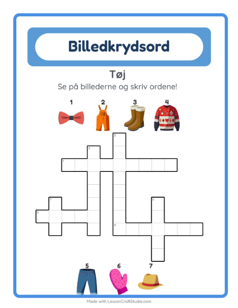 Forhåndsvisning af Krydsord-arbejdsark med Tøj til 2. klasse