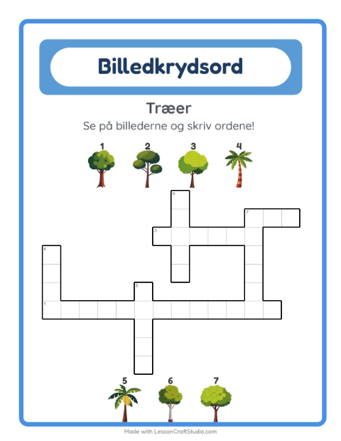Forhåndsvisning af Krydsord-arbejdsark med Træer til 2. klasse