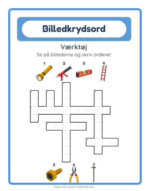 Forhåndsvisning af Krydsord-arbejdsark med Værktøj til 2. klasse