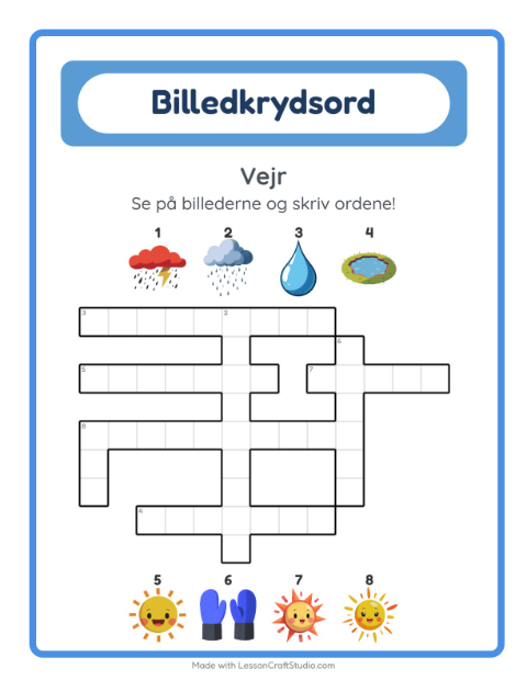 Forhåndsvisning af Krydsord-arbejdsark med Vejr til 2. klasse