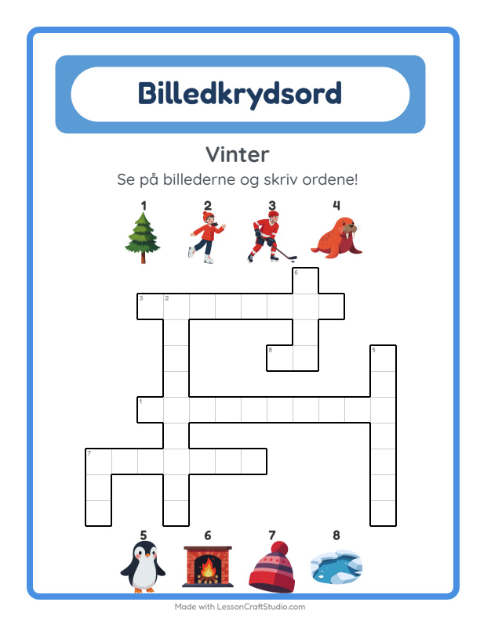 Forhåndsvisning af Krydsord-arbejdsark med Vinter til 2. klasse
