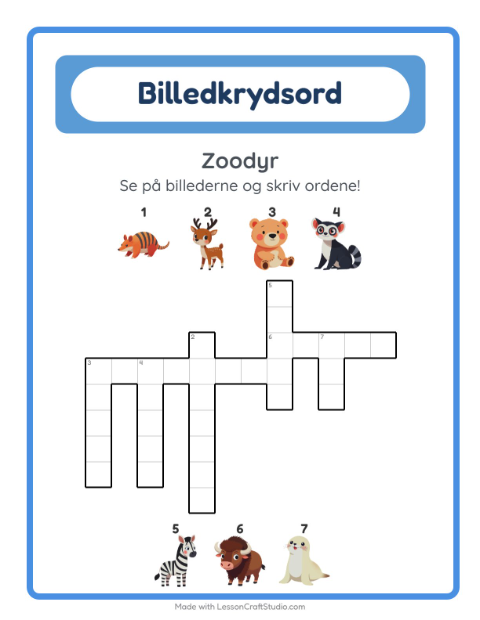 Forhåndsvisning af Krydsord-arbejdsark med Zoodyr til 2. klasse