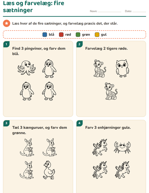 Forhåndsvisning af Læs og farvelæg – fire sætninger og fire farver – 1. klasse