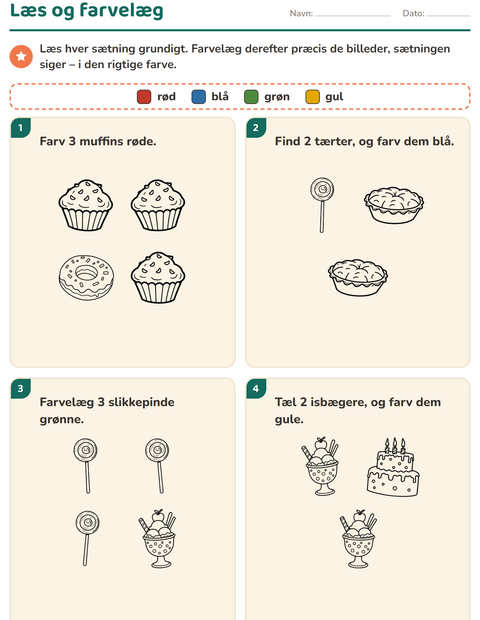 Forhåndsvisning af Læs og farvelæg-arbejdsark med Dessert (S/H) til 1. klasse