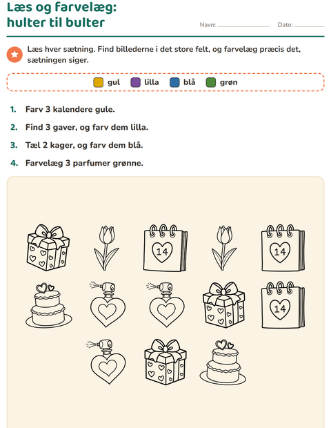 Forhåndsvisning af Læs og farvelæg-arbejdsark med Valentinsdag SH 2 til 1. klasse