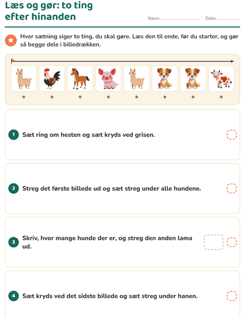 Læs og gør – to ting i én sætning – bondegårdsdyr – 1. klasse