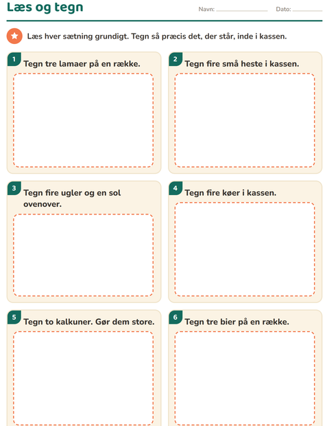 Forhåndsvisning af Læs og gør-arbejdsark med Bondegårdsdyr til 1. klasse