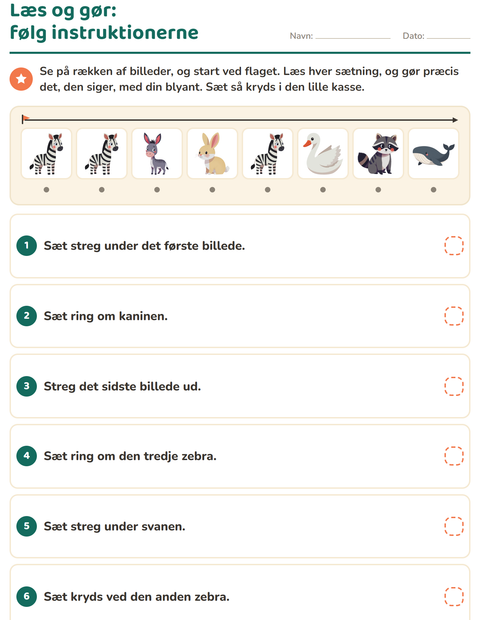 Forhåndsvisning af Læs og gør – seks instruktioner til en række dyr – 1. klasse