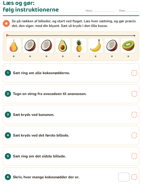 Forhåndsvisning af Læs og gør-arbejdsark med Frugter til 1. klasse