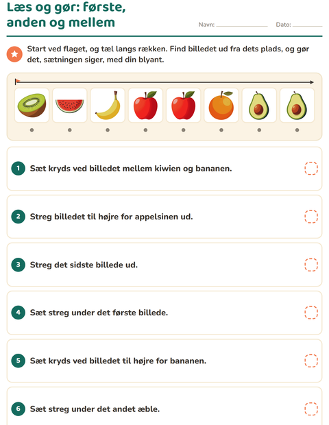 Læs og gør – find frugten ud fra dens plads i rækken – 1. klasse