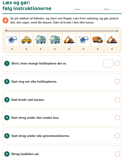 Forhåndsvisning af Læs og gør-arbejdsark med Køretøjer til 1. klasse