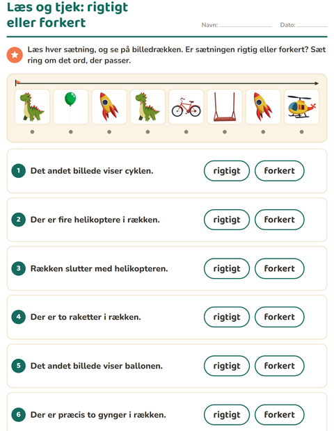 Læs og tjek – rigtigt eller forkert om en række legetøj – 1. klasse