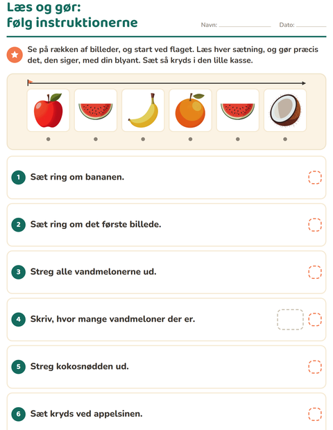 Forhåndsvisning af Læs og gør-arbejdsark med Frugter til 1. klasse
