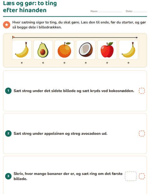 Forhåndsvisning af Læs og gør-arbejdsark med Frugter til 1. klasse