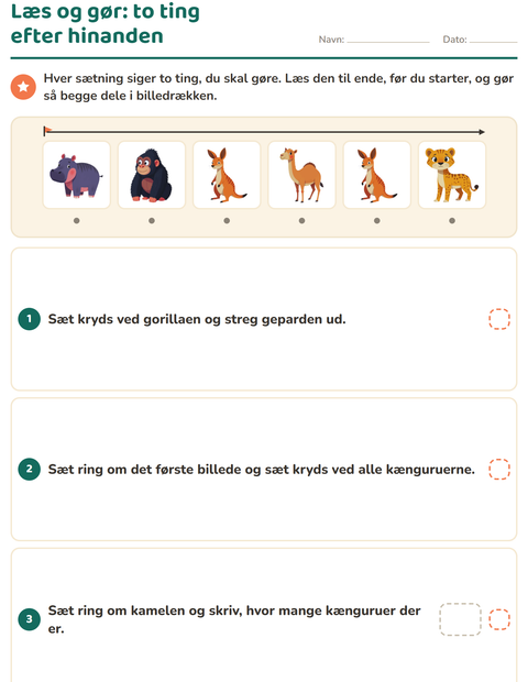 Forhåndsvisning af Læs og gør-arbejdsark med Zoodyr til 1. klasse