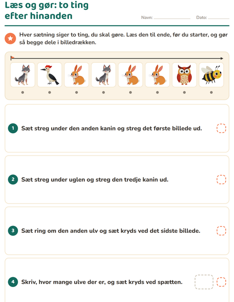 Forhåndsvisning af Læs og gør-arbejdsark med Skovdyr til 1. klasse