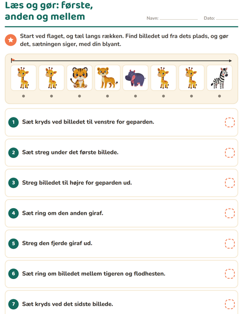 Forhåndsvisning af Læs og gør-arbejdsark med Zoodyr til 1. klasse