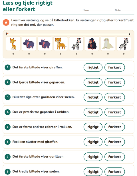 Forhåndsvisning af Læs og gør-arbejdsark med Zoodyr til 1. klasse