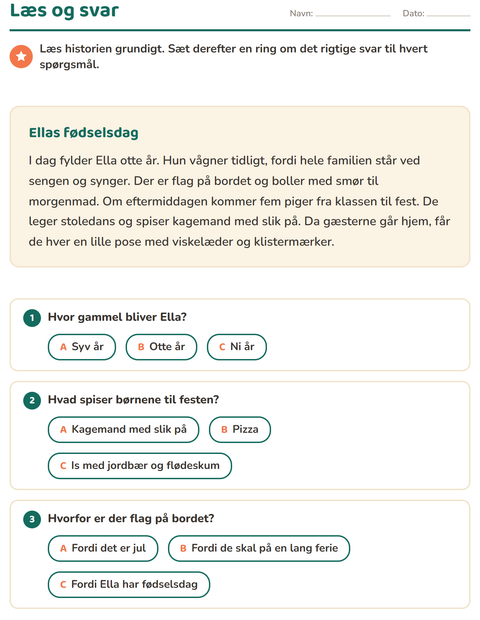 Forhåndsvisning af Læseforståelse-arbejdsark til 2. klasse