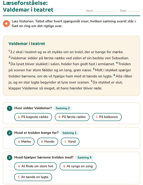 Forhåndsvisning af Læseforståelse-arbejdsark til 2. klasse