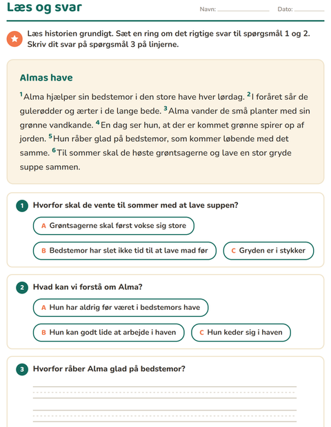 Forhåndsvisning af Læseforståelse-arbejdsark til 2. klasse