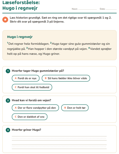 Forhåndsvisning af Læseforståelse-arbejdsark til 2. klasse