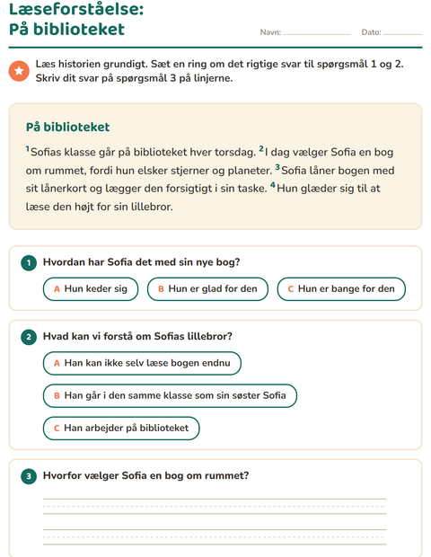 Forhåndsvisning af Læseforståelse-arbejdsark til 2. klasse