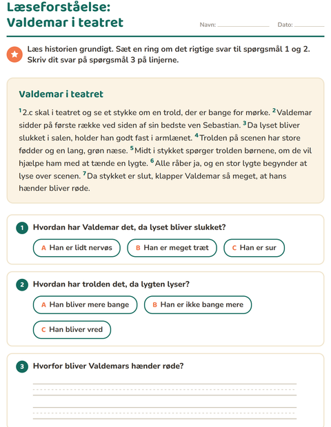 Forhåndsvisning af Læseforståelse-arbejdsark til 2. klasse