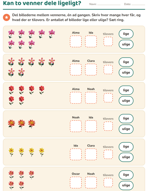 Forhåndsvisning af Lige og ulige tal-arbejdsark med Blomster til 1. klasse