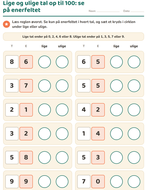 Lige og ulige tal op til 100 – se kun på enerfeltet – 2. klasse