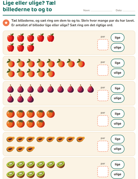 Forhåndsvisning af Lige og ulige tal-arbejdsark med Frugter til 1. klasse